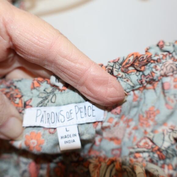 Patrons of Peace Peasant Blouse Fuffle Tie Front, Elastic Sleeves Sz L - Picture 6 of 14
